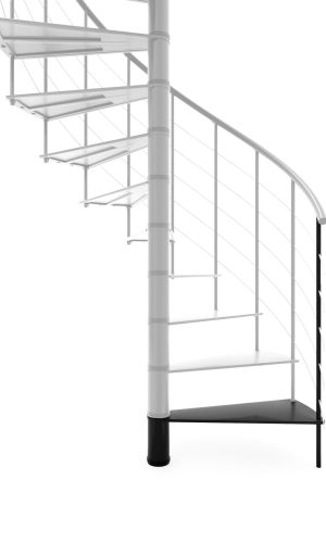 Höhenerweiterung für die Treppe Milano aus schwarzem Metall. Gezeigt wird ein Detail der Zusatzstufe, der Geländerstäbe und des Handlaufs.