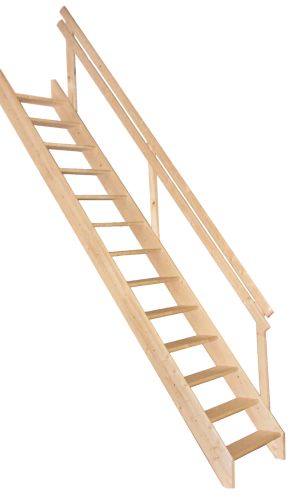 Raumspartreppe Boras in Fichte mit geradem Verlauf, offenen Trittstufen und einfachem Holzgeländer auf einer Seite.
