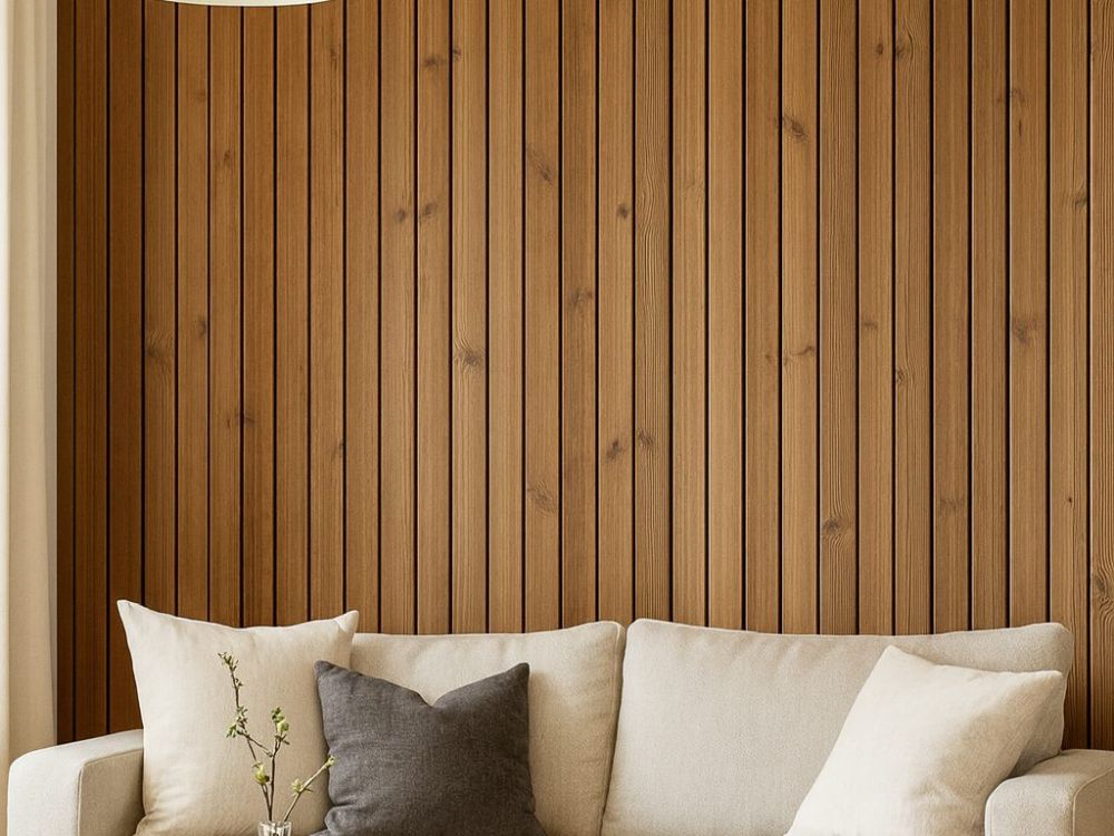 Wohnzimmer mit eleganter Wandverkleidung aus Arum-Holz, gebürstet. Die vertikal verlegten Paneele verleihen dem Raum Wärme und eine klare, moderne Struktur.