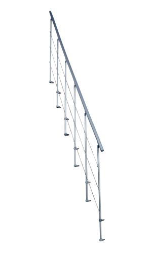 Zweites Geländer für die Raumspartreppe Nizza, bestehend aus grauen Metallpfosten mit Untergurten und einem grauen Handlauf aus PVC.