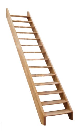 Eine klassische Wangentreppe aus Buchenholz mit offenen Stufen ohne Geländer.