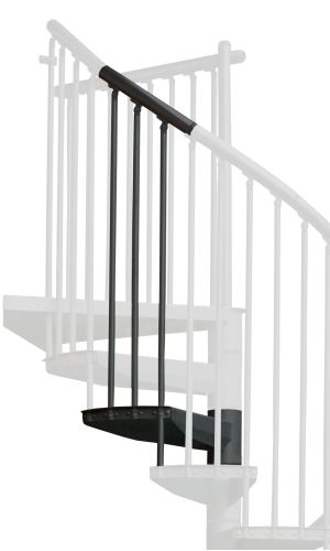 Höhenerweiterung für die Treppe Rondo Color mit Stahlstufen, Stahlgeländer und Aluminiumhandlauf, pulverbeschichtet in Anthrazit. Gezeigt wird ein Detail der Zusatzstufe, der Geländerstäbe und des Handlaufs.