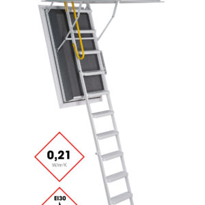 Dachbodentreppe Arctic Fire mit stabiler Aluminiumleiter, isolierter Deckelklappe in Dunkelgrau und umlaufendem Oberdeckel. Die Treppe verfügt über eine Wärmedämmung von 0,21 W/m²K, EI30-Brandschutzkennzeichnung und einen gelben Sicherheitsgriff am Einstieg.