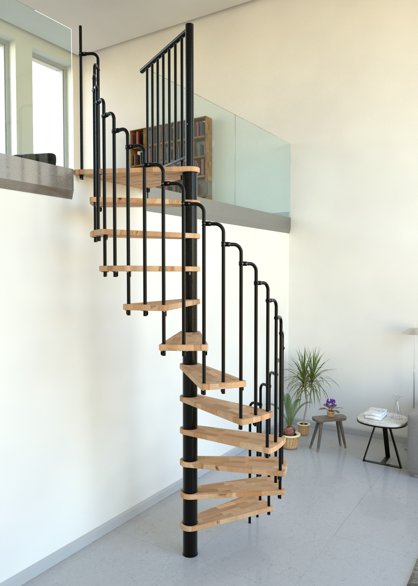 Spindeltreppe Paris mit Stufen in Buche und schwarzem Stahlgeländer mit oben gerundeten Stäben. Die Treppe steht in einem modern eingerichteten Raum.