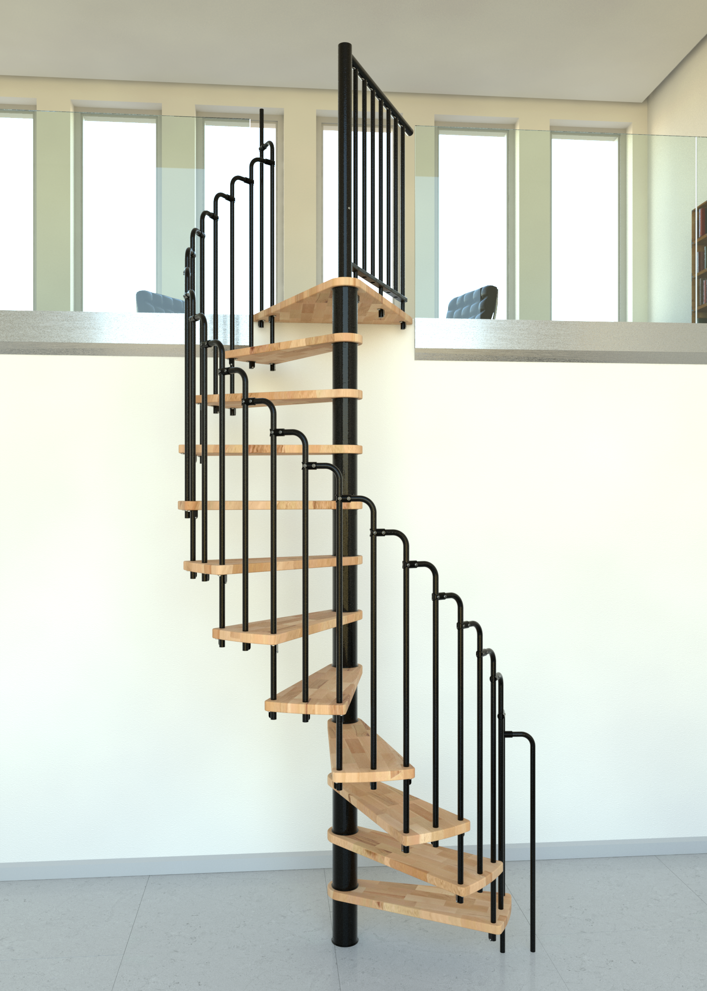 Gesamtansicht der Spindeltreppe Paris mit hellen Holzstufen und schwarzem Geländer. Die Treppe führt in einem modernen Raum von der unteren Etage zur offenen Galerie.