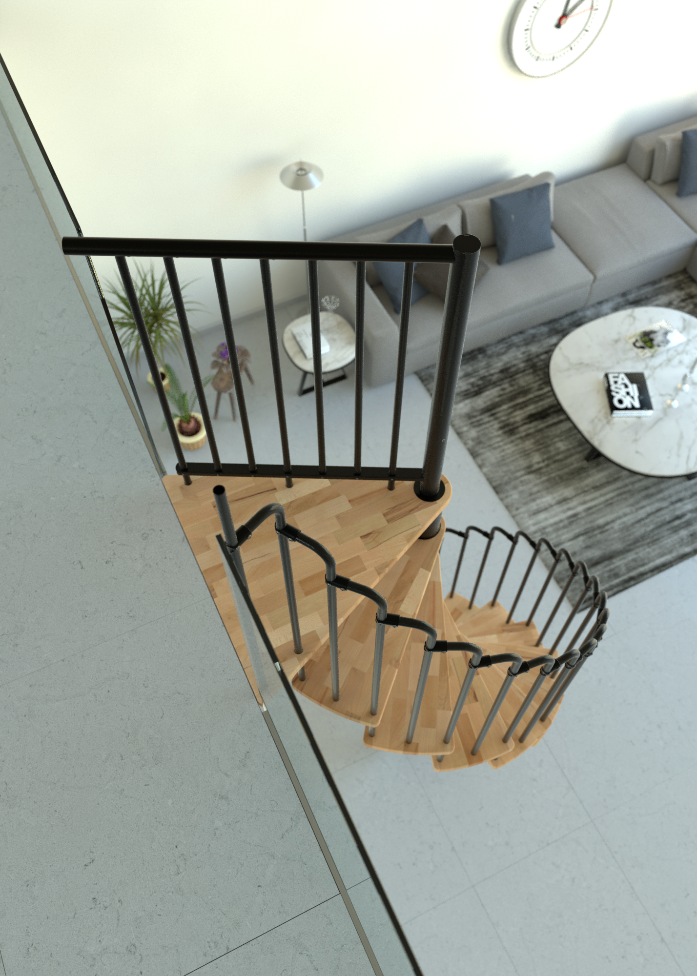 Blick von oben auf die Spindeltreppe Paris mit Holzstufen und schwarzem Geländer in einem modernen Wohnraum mit Sofa, Teppich und Couchtisch.