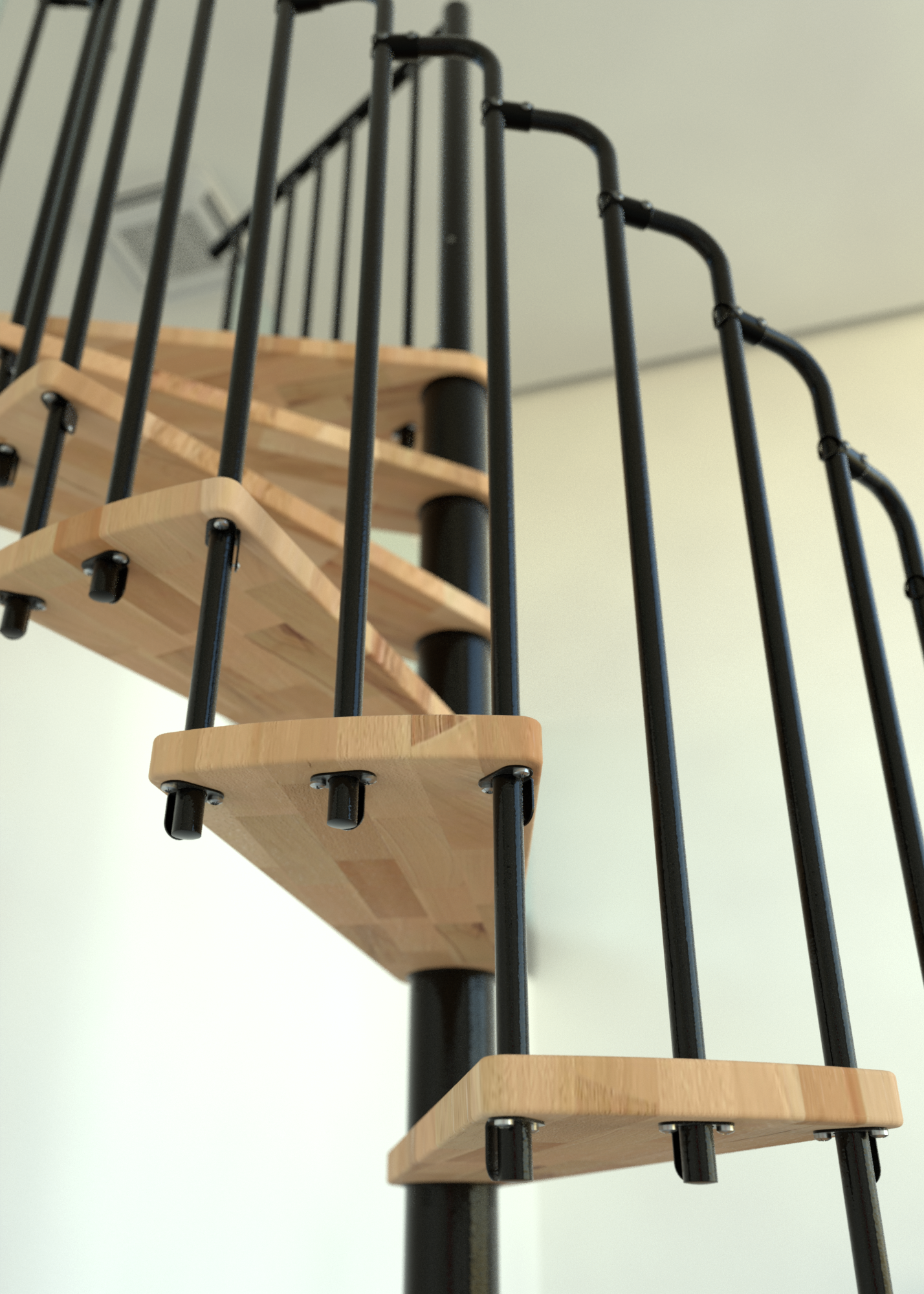 Untersicht der Spindeltreppe Paris mit hellen Holzstufen und schwarzem Geländer. Die Stufen sind spiralförmig um eine zentrale Metallstütze montiert.