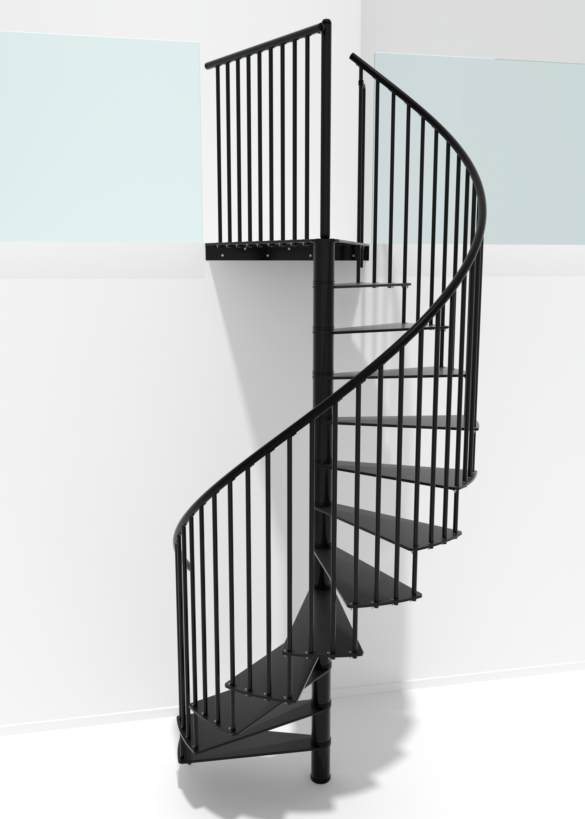 Die schwarze Spindeltreppe Portofino führt in einer engen Spirale nach oben. Die Metallstufen winden sich um eine zentrale Säule. Ein durchgehendes Geländer mit senkrechten Metallstäben und einem PVC-Handlauf sorgt für Sicherheit beim Auf- und Abstieg. Oben ist ein Podest mit zusätzlichem Geländerschutz zu sehen.