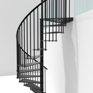 Spindeltreppe Portofino aus schwarzem Metall mit senkrechten Geländerstäben und einem Handlauf aus PVC, montiert in einem weißen, modernen Innenraum. Die Treppe führt elegant in einer Spirale nach oben.