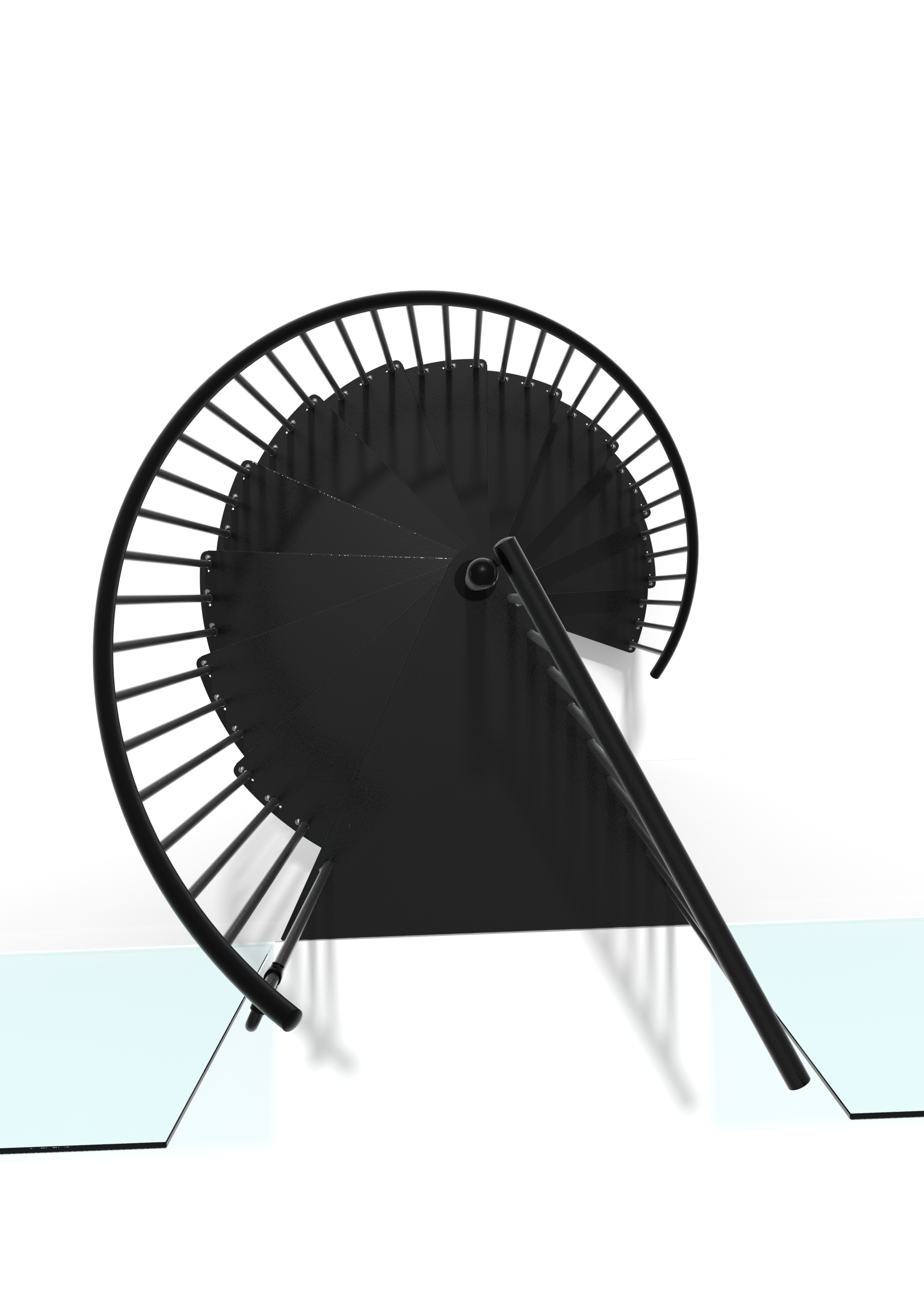 Draufsicht auf die schwarze Spindeltreppe Portofino. Die spiralförmigen Metallstufen winden sich um eine zentrale Säule. Sichtbar sind die gleichmäßig verteilten, vertikalen Geländerstäbe aus Metall sowie der gebogene PVC-Handlauf, der den gesamten Treppenverlauf begleitet.