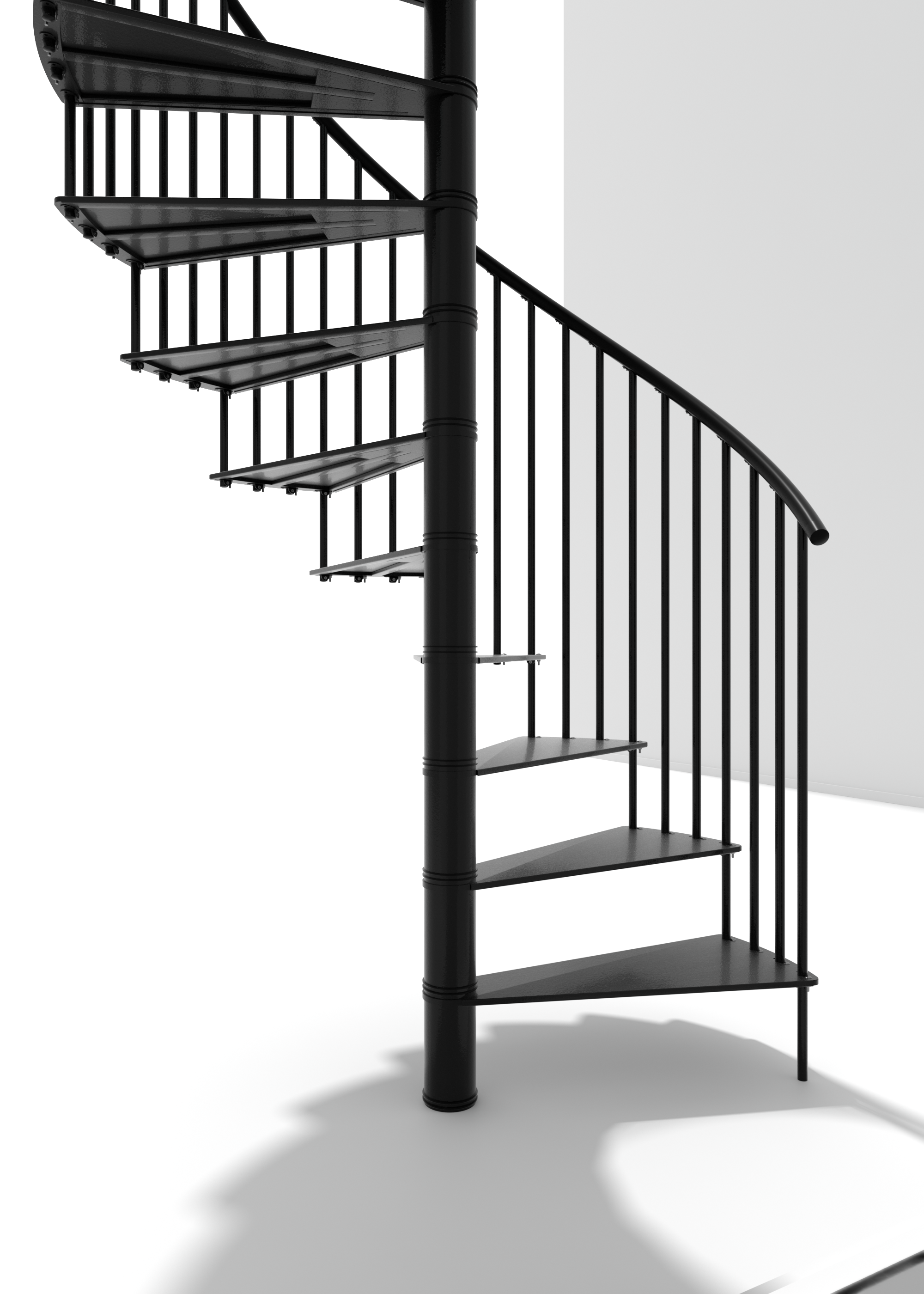 Detailansicht der Spindeltreppe Portofino aus schwarzem Metall. Zu sehen sind die spiralförmig angeordneten Stufen, vertikale Metallgeländerstäbe sowie ein schwarzer Handlauf aus PVC. Die Treppe führt nach oben entlang einer zentralen Stütze.