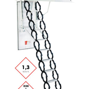 Dachbodentreppe Type 18 Prestige mit Scherentreppen-System aus Metall, weißem Deckel, umlaufender Wärmedämmung (1,3 W/m²K) und EI30-Brandschutzkennzeichnung.