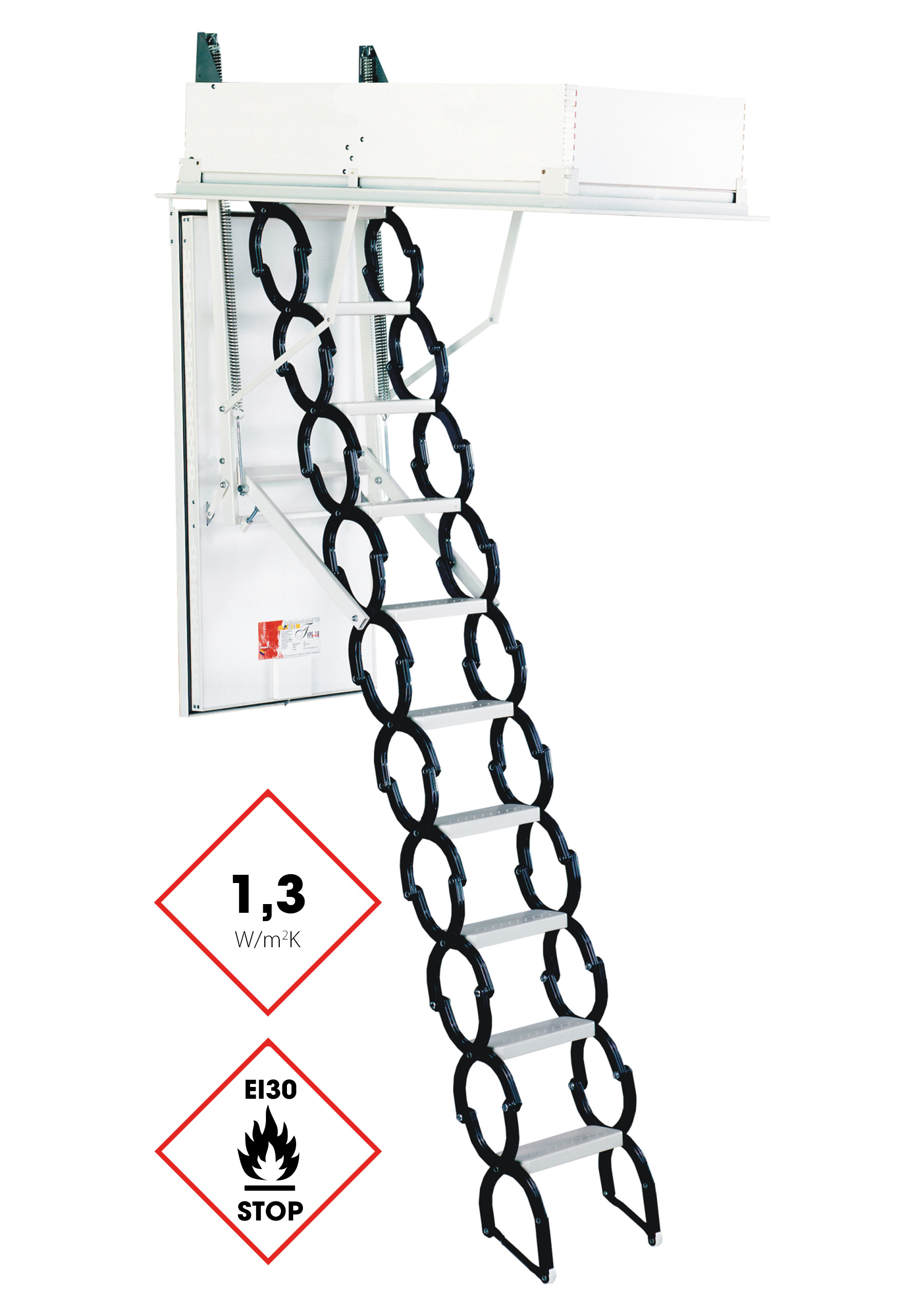 Dachbodentreppe Type 18 Prestige mit Scherentreppen-System aus Metall, weißem Deckel, umlaufender Wärmedämmung (1,3 W/m²K) und EI30-Brandschutzkennzeichnung.