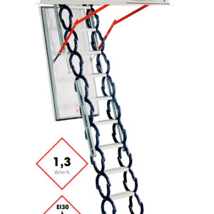 Dachbodentreppe Type 18 Small mit Scherentreppen-System aus Metall, weißem Deckel, umlaufender Wärmedämmung (1,3 W/m²K) und EI30-Brandschutzkennzeichnung. Die Treppe verfügt über rote seitliche Hebelarme zur Unterstützung der Bedienung.