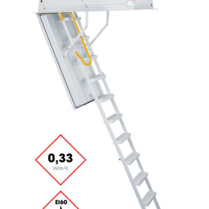 Dachbodentreppe Type 1 Passiv Plus mit weißem Metallrahmen, wärmegedämmter Deckelklappe und aufgesetztem Oberdeckel. Die Aluminiumleiter ist mit einem gelben Sicherheitsgriff ausgestattet. Wärmedämmwert von 0,33 W/m²K und EI60-Brandschutzkennzeichnung sind sichtbar.