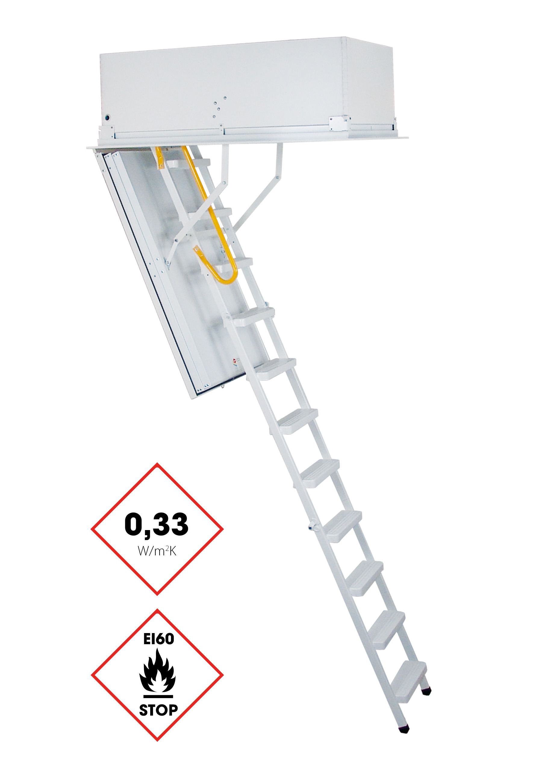 Dachbodentreppe Type 1 Passiv Plus mit weißem Metallrahmen, wärmegedämmter Deckelklappe und aufgesetztem Oberdeckel. Die Aluminiumleiter ist mit einem gelben Sicherheitsgriff ausgestattet. Wärmedämmwert von 0,33 W/m²K und EI60-Brandschutzkennzeichnung sind sichtbar.