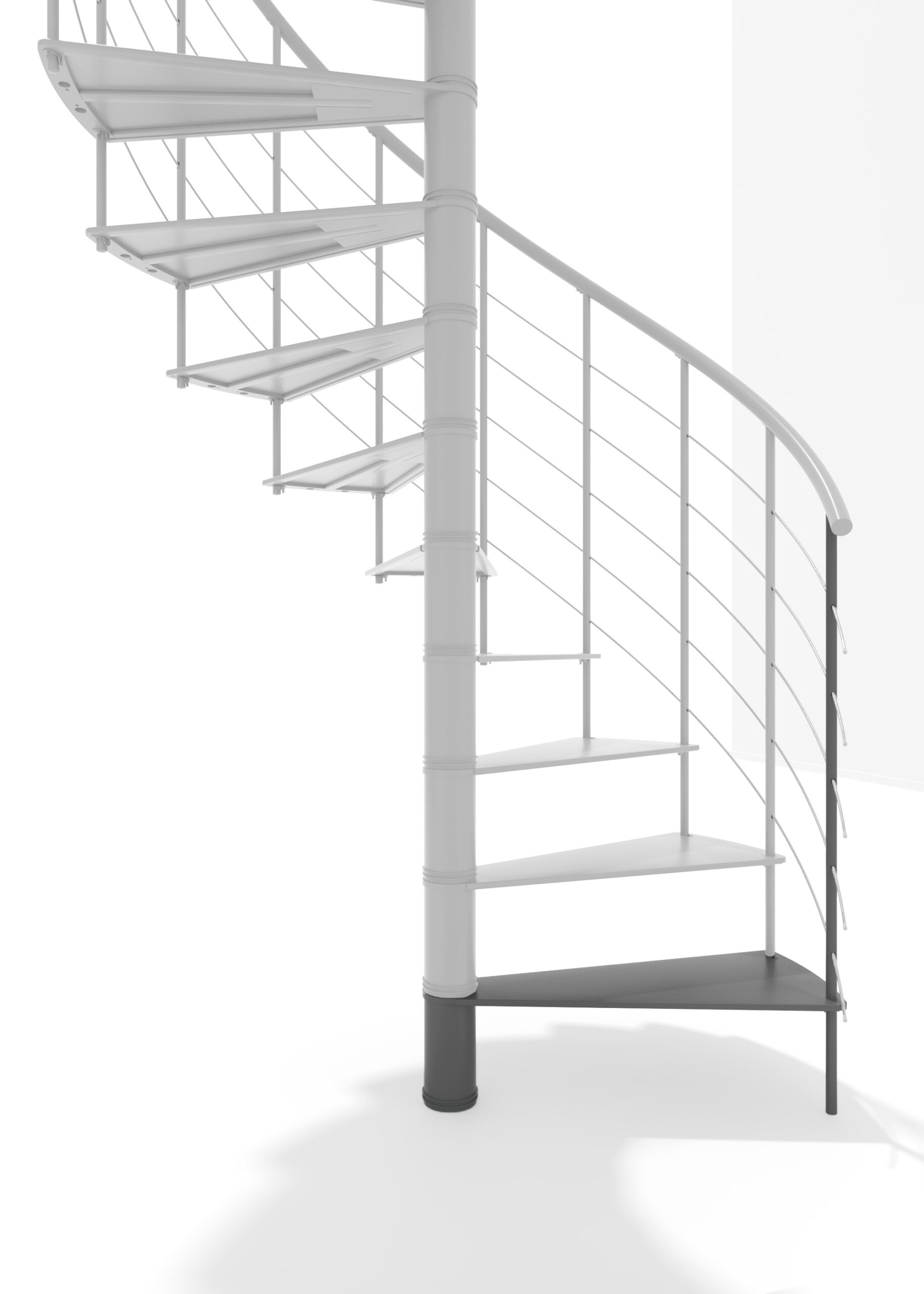 Höhenerweiterung für die Treppe Milano aus grauem Metall. Gezeigt wird ein Detail der Zusatzstufe, der Geländerstäbe und des Handlaufs.