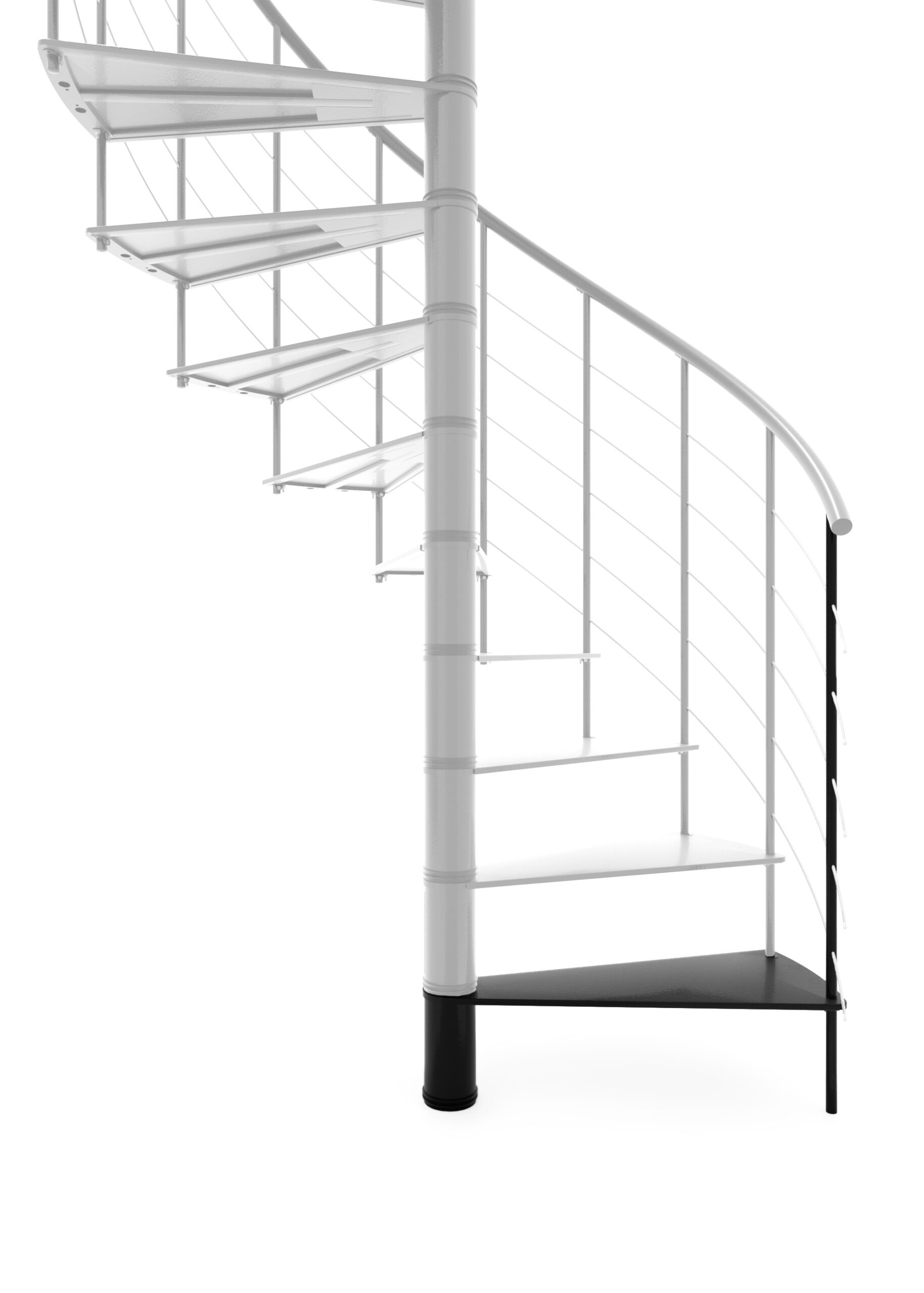 Höhenerweiterung für die Treppe Milano aus schwarzem Metall. Gezeigt wird ein Detail der Zusatzstufe, der Geländerstäbe und des Handlaufs.