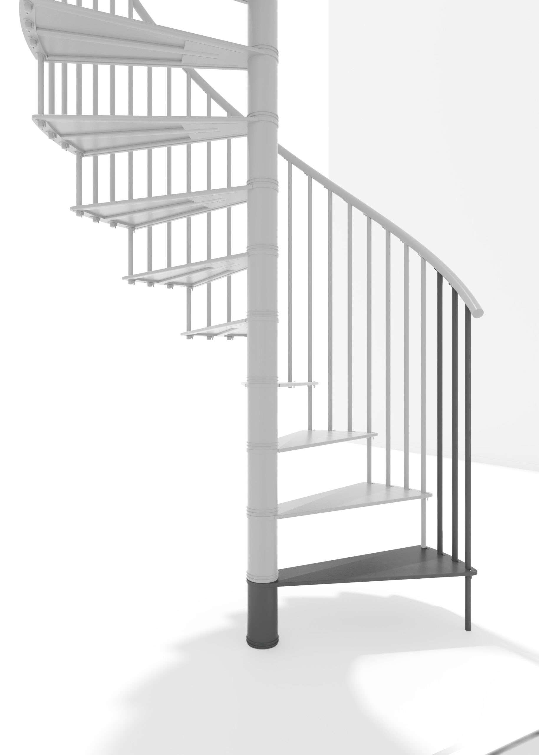 Höhenerweiterung für die Treppe Portofino aus grauem Metall. Gezeigt wird ein Detail der Zusatzstufe, der Geländerstäbe und des Handlaufs.