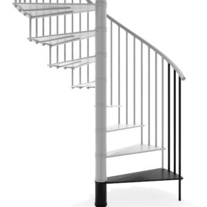 Höhenerweiterung für die Treppe Portofino aus schwarzem Metall. Gezeigt wird ein Detail der Zusatzstufe, der Geländerstäbe und des Handlaufs.