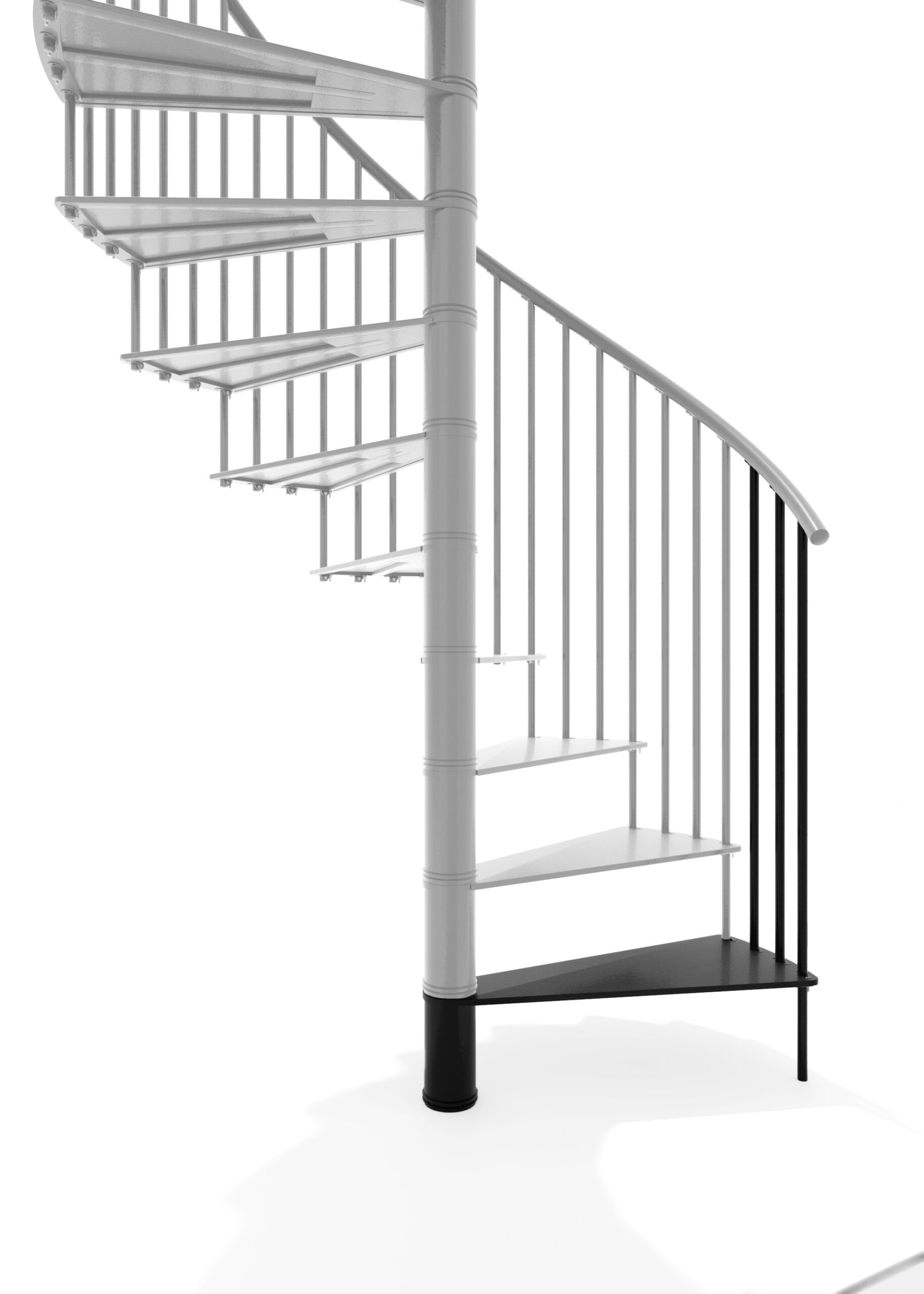 Höhenerweiterung für die Treppe Portofino aus schwarzem Metall. Gezeigt wird ein Detail der Zusatzstufe, der Geländerstäbe und des Handlaufs.