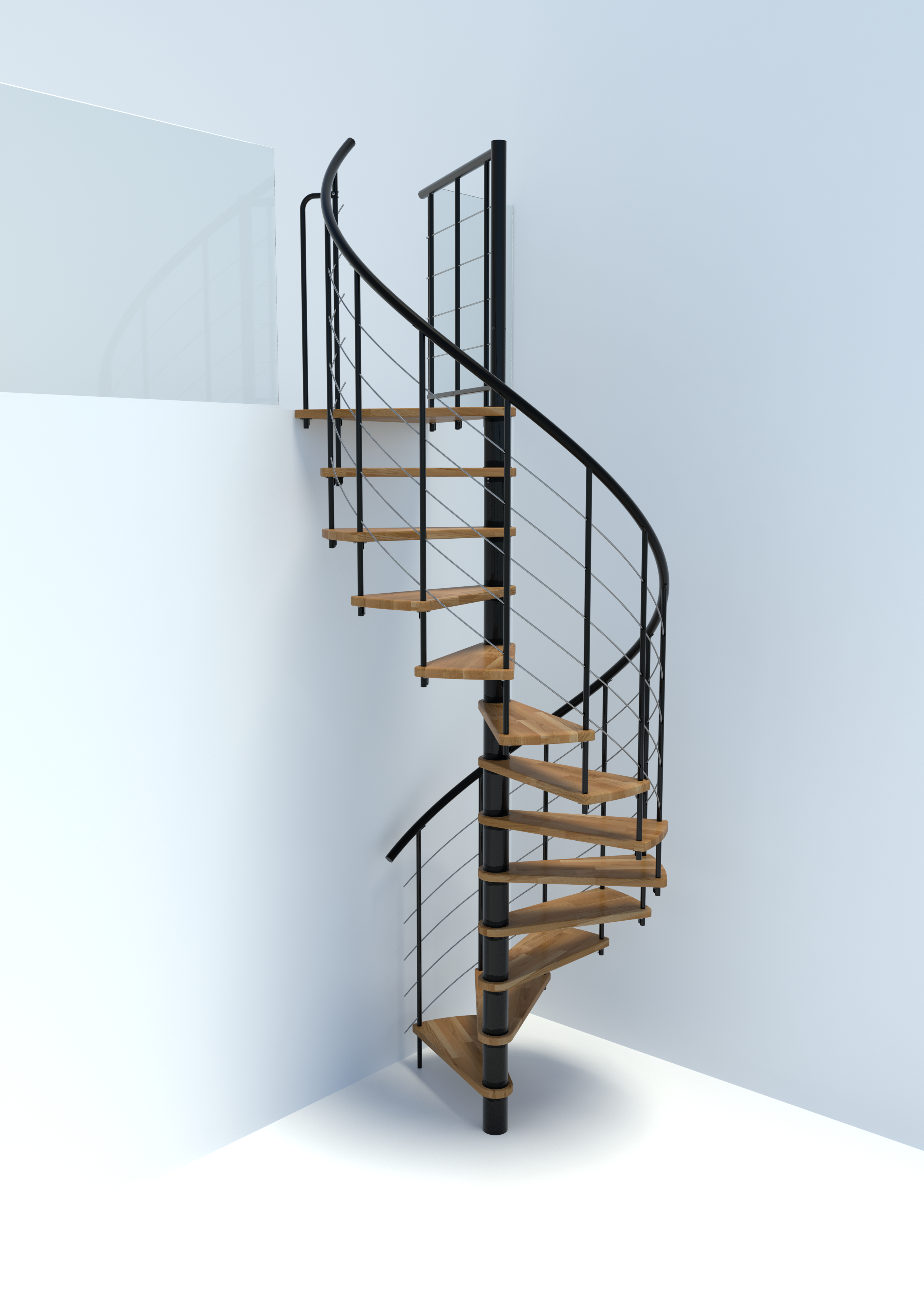 Spindeltreppe Venezia Smart mit Stufen in Eiche und schwarzem Metallgeländer mit fünf horizontalen Edelstahl-Untergurten und PVC-Handlauf.