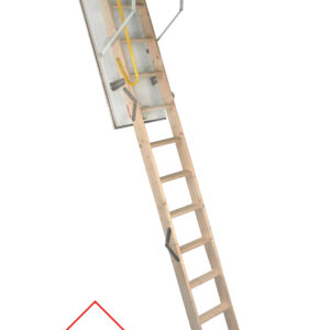 Dachbodentreppe Complete mit gerader Holzleiter, wärmegedämmter Deckelklappe und umlaufendem Holz-Futterkasten. Die Treppe ist mit einem gelben Sicherheitsgriff ausgestattet und weist einen Wärmedämmwert von 1,1 W/m²K auf.