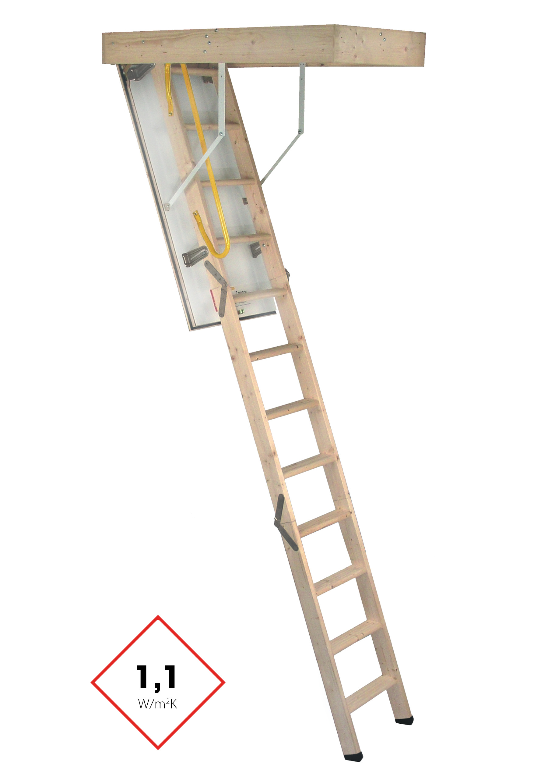 Dachbodentreppe Complete mit gerader Holzleiter, wärmegedämmter Deckelklappe und umlaufendem Holz-Futterkasten. Die Treppe ist mit einem gelben Sicherheitsgriff ausgestattet und weist einen Wärmedämmwert von 1,1 W/m²K auf.