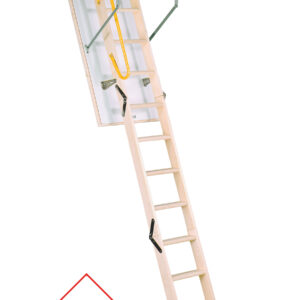 Dachbodentreppe Euro Trend mit 3-teiliger Holzleiter, weißem Deckel und integriertem Wärmedämmkern. Die Treppe hat eine Wärmedämmung von 1,1 W/m²K und ist mit einem gelben Sicherheitsgriff sowie stabilen Metallstreben ausgestattet.
