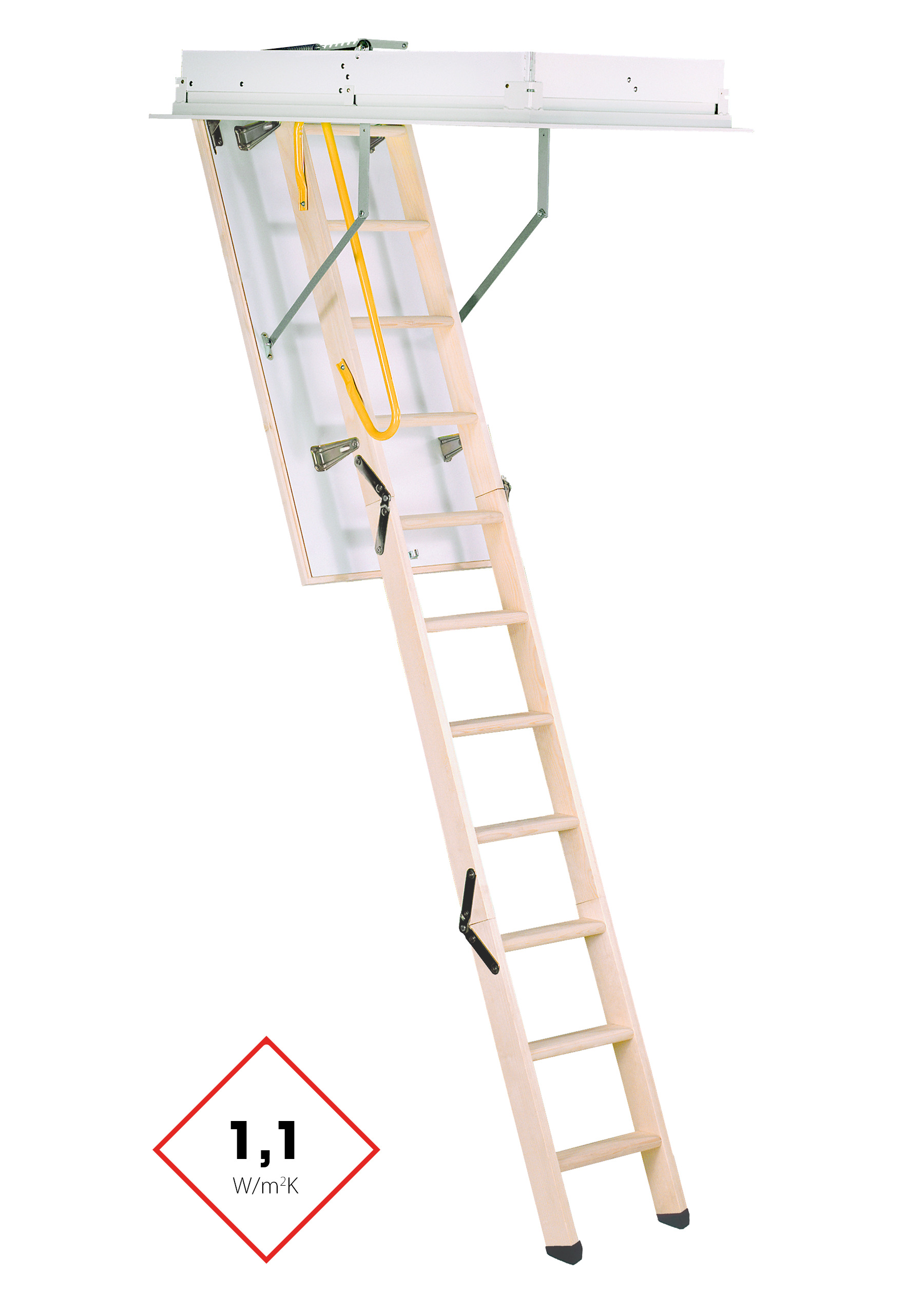 Dachbodentreppe Euro Trend mit 3-teiliger Holzleiter, weißem Deckel und integriertem Wärmedämmkern. Die Treppe hat eine Wärmedämmung von 1,1 W/m²K und ist mit einem gelben Sicherheitsgriff sowie stabilen Metallstreben ausgestattet.
