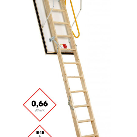 Dachbodentreppe Eurofire Protect mit dreiteiliger Holzleiter, umlaufendem Holzfutterkasten und weißer Deckelklappe. Ausgestattet mit einem gelben Sicherheitsgriff, EI45-Brandschutzkennzeichnung und einer Wärmedämmung von 0,66 W/m²K.