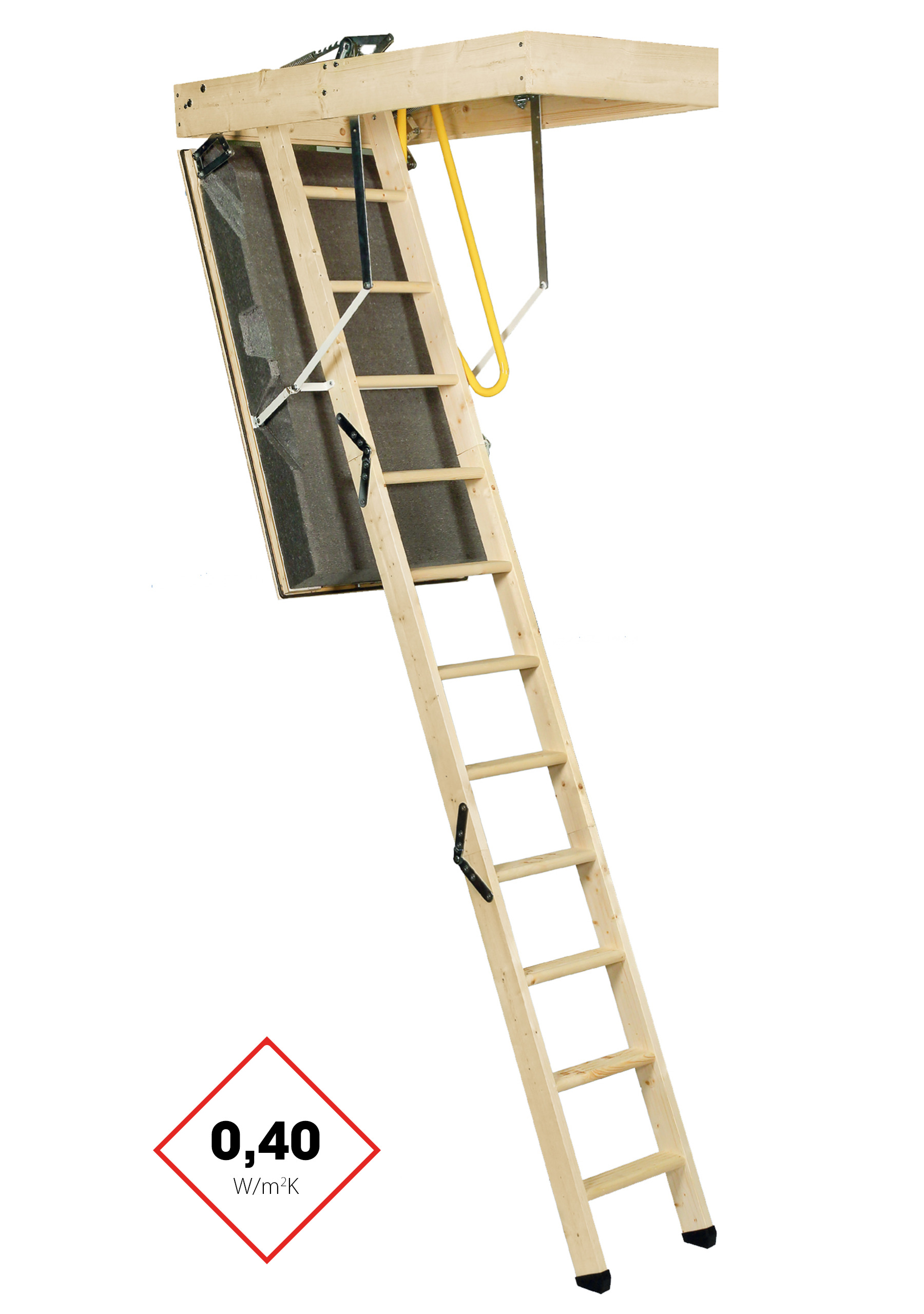 Dachbodentreppe Polar Top mit isolierter Deckelklappe in Dunkelgrau, Holzleiter mit 3-teiliger Ausführung und umlaufendem Lukenkasten aus Holz. Die Treppe bietet eine Wärmedämmung von 0,40 W/m²K und verfügt über einen gelben Sicherheitsgriff sowie weiße Metallstreben zur Stabilisierung.