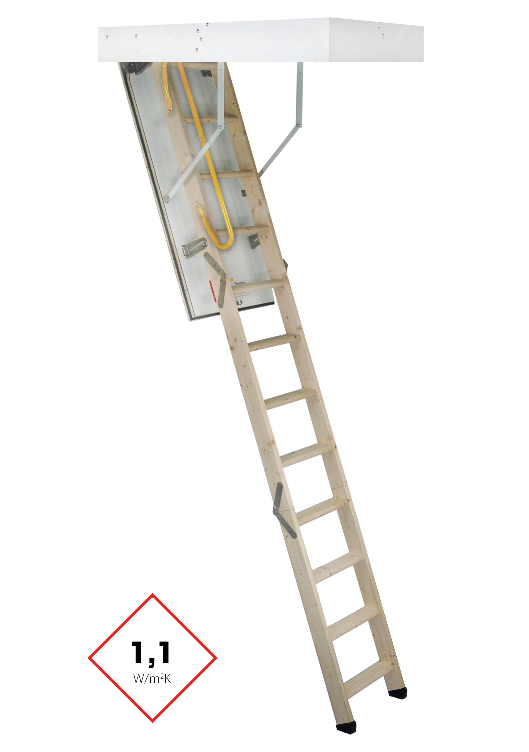 Dachbodentreppe Tradition mit gerader Holzleiter, wärmegedämmter, weißer Deckelklappe und umlaufendem Futterkasten. Ausgestattet mit gelbem Sicherheitsgriff und einem Wärmedämmwert von 1,1 W/m²K.