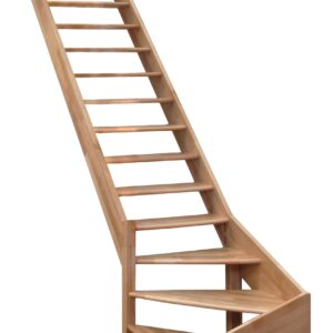 Eine klassische Wangentreppe ohne Geländer aus Buchenholz mit offenen Stufen. Der untere Teil der Treppe hat eine viertelgewendelte Drehung nach links.