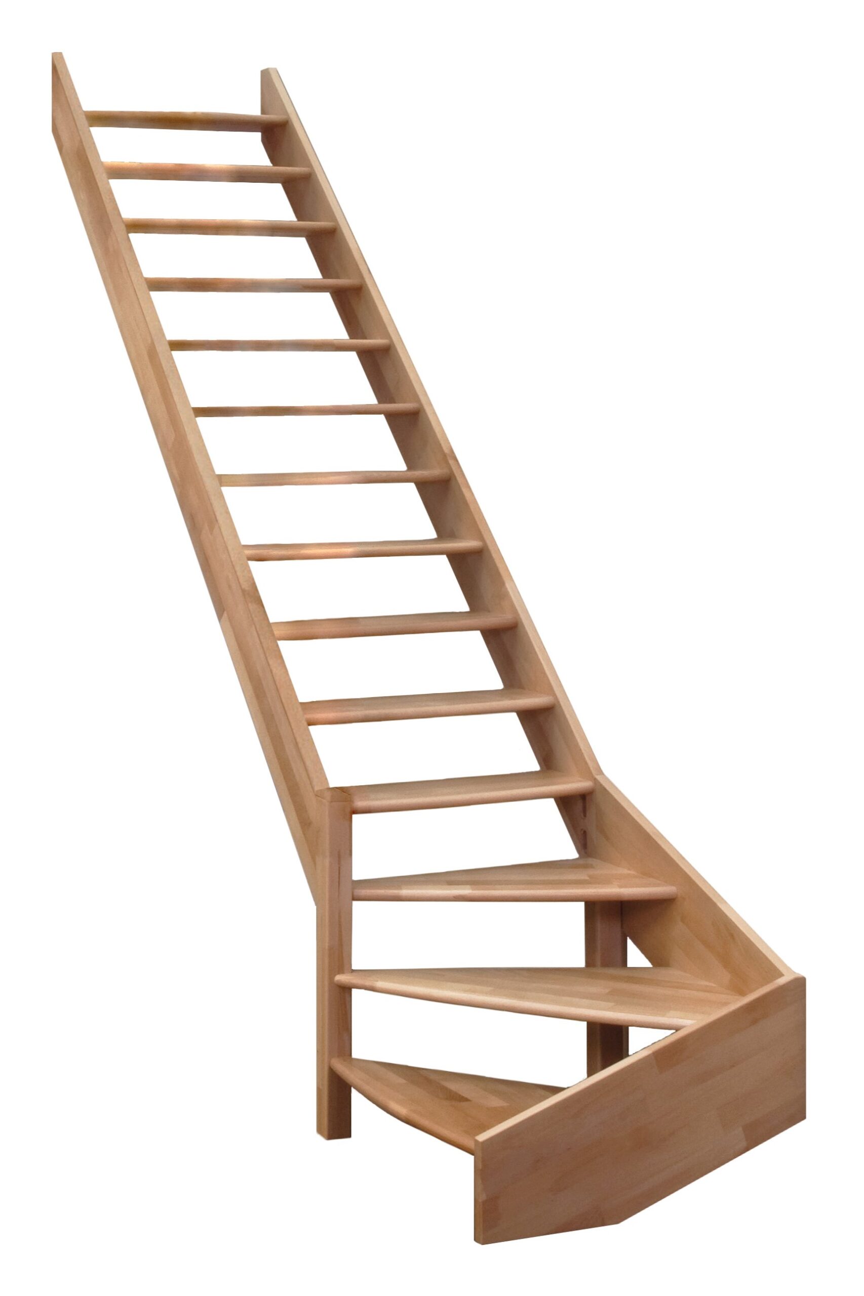 Eine klassische Wangentreppe ohne Geländer aus Buchenholz mit offenen Stufen. Der untere Teil der Treppe hat eine viertelgewendelte Drehung nach links.
