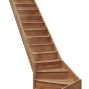 Eine Wangentreppe mit Setzstufen aus Buche ohne Geländer. Der untere Teil der Treppe hat eine viertelgewendelte Drehung nach links.