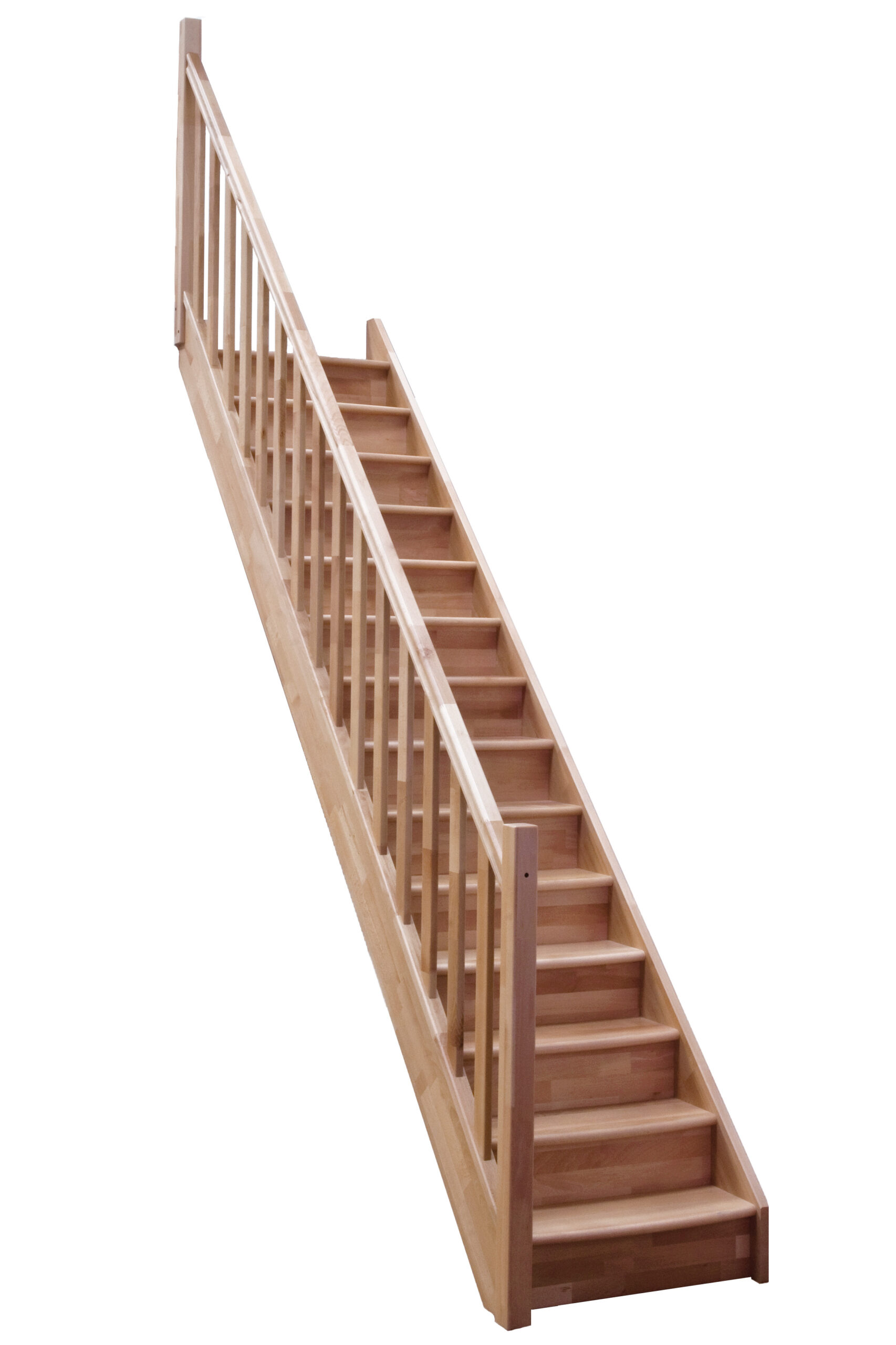 Eine Wangentreppe mit Setzstufen aus Buche mit einem modernen Holzgeländer und einem Handlauf aus Holz.