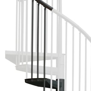 Höhenerweiterung für die Treppe Rondo Color mit Stahlstufen, Stahlgeländer und Aluminiumhandlauf, pulverbeschichtet in Anthrazit. Gezeigt wird ein Detail der Zusatzstufe, der Geländerstäbe und des Handlaufs.