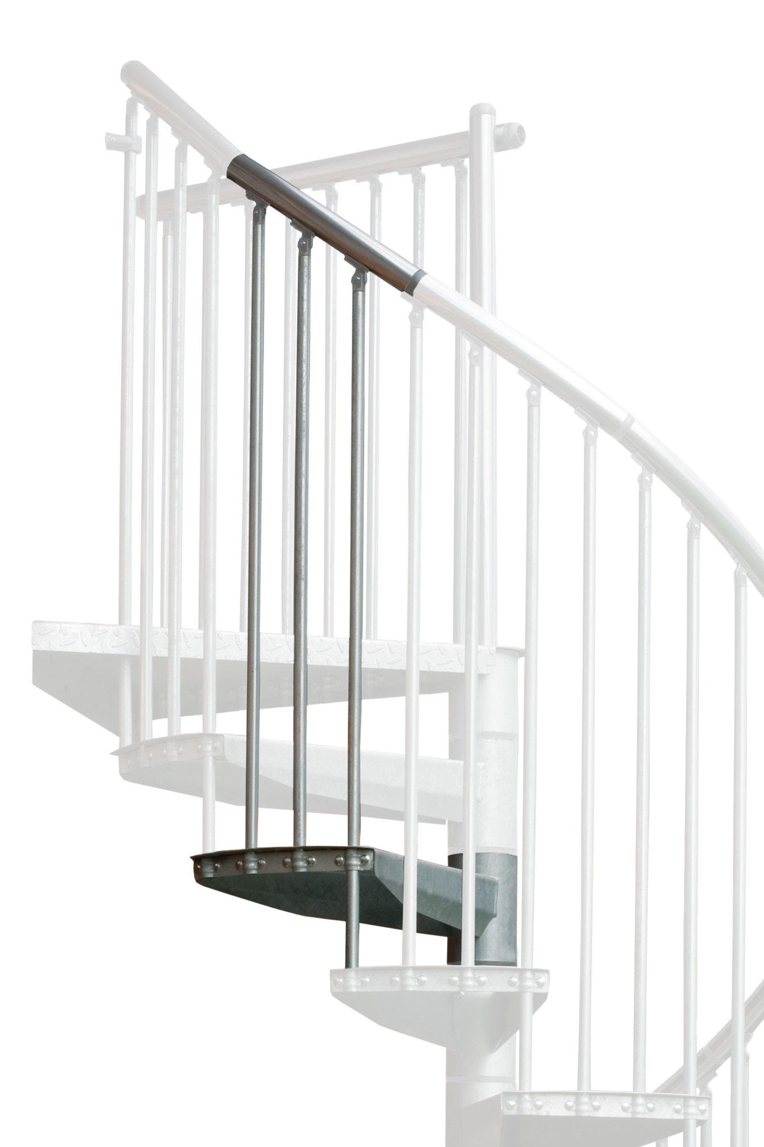 Höhenerweiterung für die Treppe Rondo Zink Plus aus verzinktem Metall. Gezeigt wird ein Detail der Zusatzstufe, der Geländerstäbe und des Aluminium-Handlaufs.