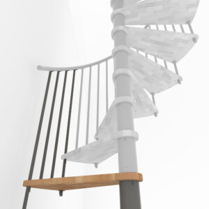 Höhenerweiterung für die Treppe Spiral Smart mit Stufen in Buche, grauem Stahlgeländer und PVC-Handlauf. Gezeigt wird ein Detail der Zusatzstufe und der Geländerstäbe.