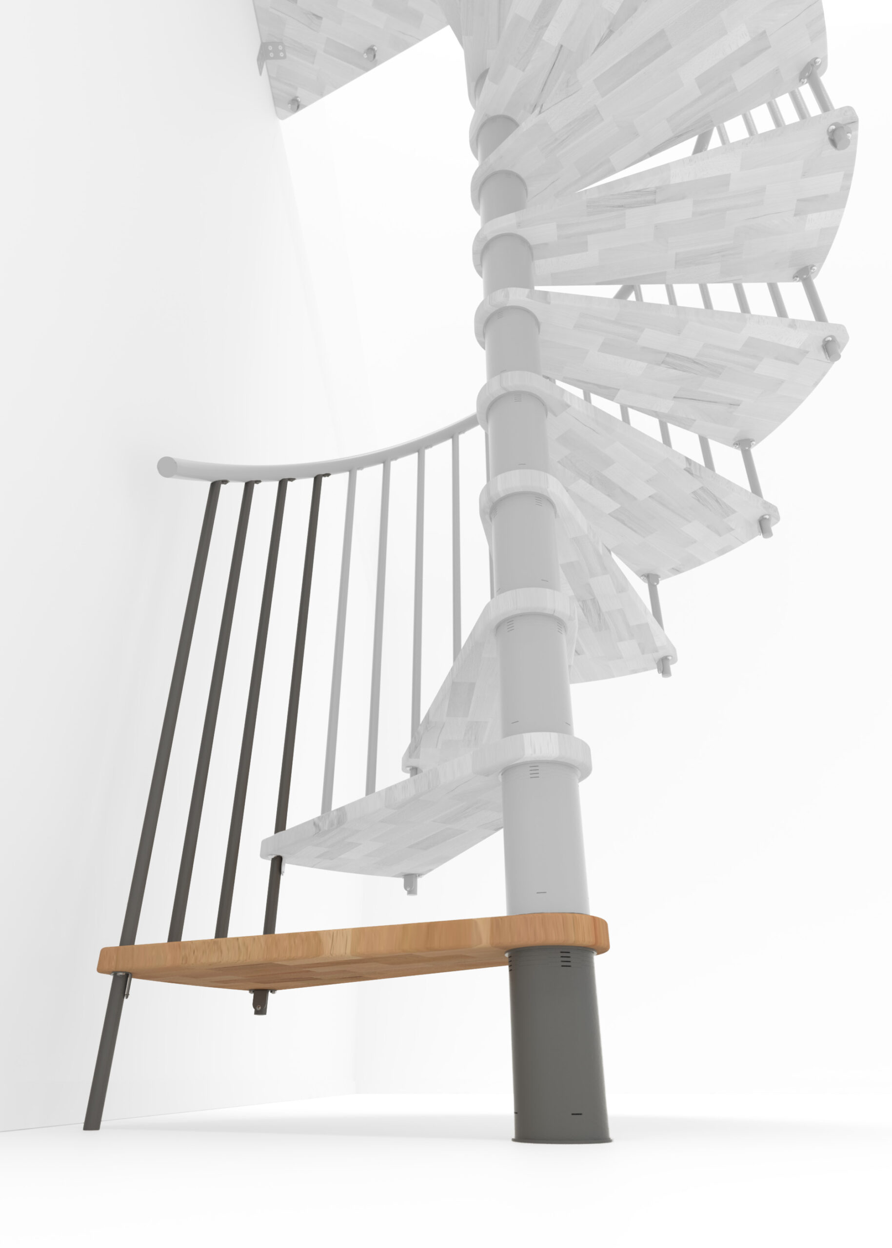 Höhenerweiterung für die Treppe Spiral Smart mit Stufen in Buche, grauem Stahlgeländer und PVC-Handlauf. Gezeigt wird ein Detail der Zusatzstufe und der Geländerstäbe.