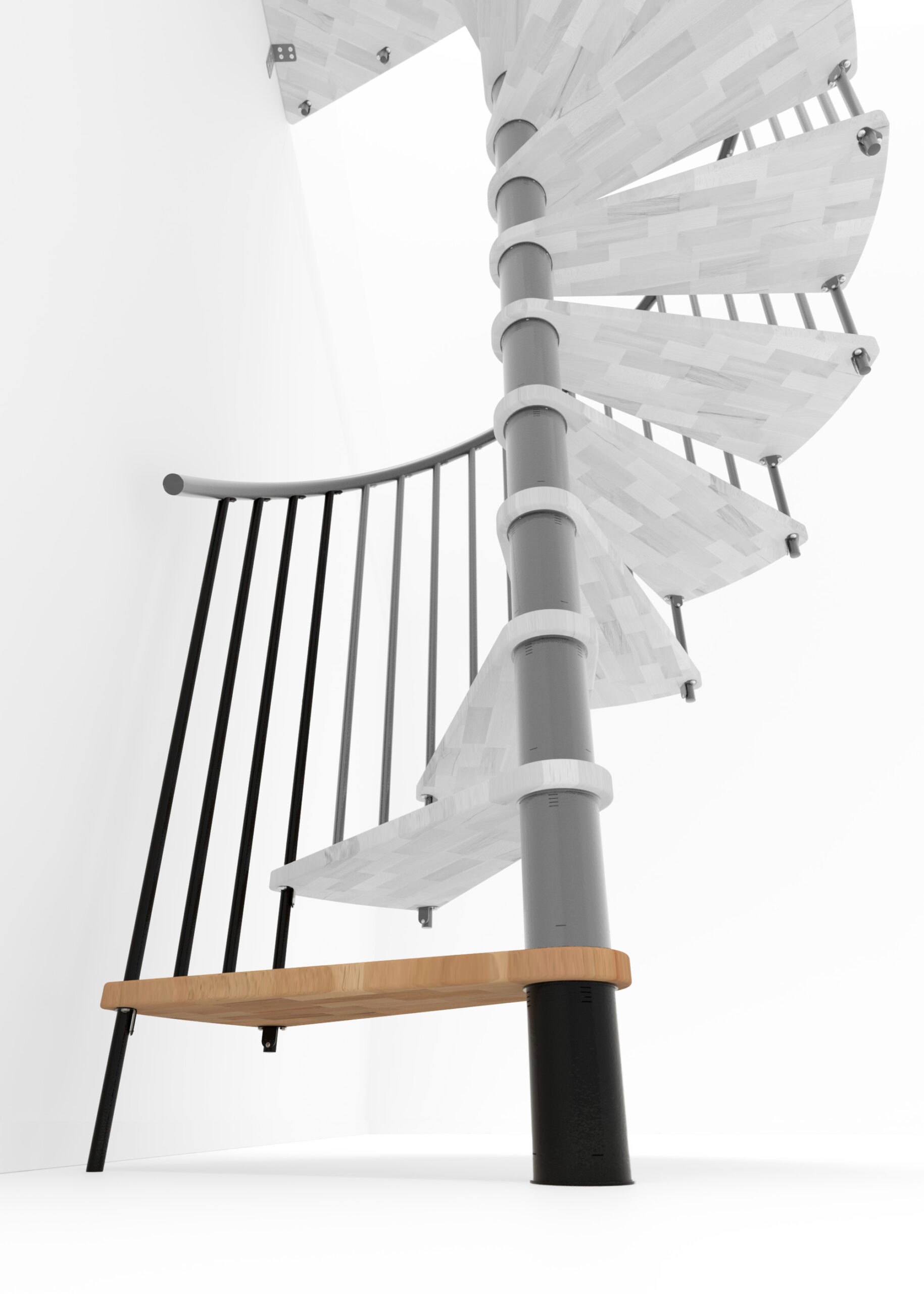 Höhenerweiterung für die Treppe Spiral Smart mit Stufen in Buche, schwarzem Stahlgeländer und PVC-Handlauf. Gezeigt wird ein Detail der Zusatzstufe und der Geländerstäbe.