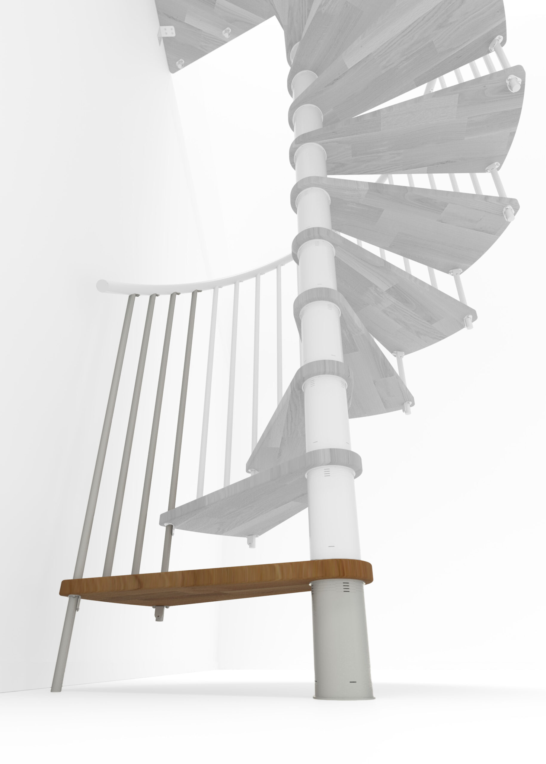 Höhenerweiterung für die Treppe Spiral Smart mit Stufen in Eiche, weißem Stahlgeländer und PVC-Handlauf. Gezeigt wird ein Detail der Zusatzstufe und der Geländerstäbe.