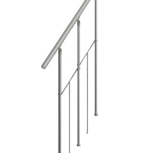 Gerades Außengeländer zur Treppe Sun Step aus verzinktem Stahl, geeignet für 3 Stufen. Das Geländer besteht aus einem runden, grauen Handlauf, senkrechten Stäben und zwei Spannseilen zur zusätzlichen Stabilisierung.