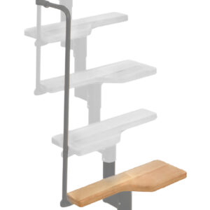 Höhenerweiterung für die Treppe Twister mit Buche-Stufen und grauem Metall. Gezeigt wird ein Detail der Zusatzstufe, der Geländerstäbe und des Handlaufs.