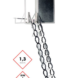 Dachbodentreppe Maßtreppe Type 102M mit schwarzer, isolierter Deckelklappe und Scherentreppen-System aus Metall. Die Treppe besitzt eine Wärmedämmung von 1,3 W/m²K und ist mit der EI30-Brandschutzkennzeichnung versehen. Die senkrechte Konstruktion eignet sich ideal für enge Einbausituationen.
