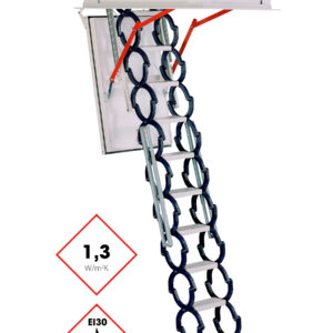 Dachbodentreppe Maßtreppe 118M mit Scherentreppen-System aus Metall, weißer Deckelklappe und umlaufendem Oberdeckel. Die Treppe verfügt über eine Wärmedämmung von 1,3 W/m²K und ist mit der Brandschutzklassifizierung EI30 gekennzeichnet. Rote Hebelarme unterstützen den Mechanismus beim Öffnen und Schließen.