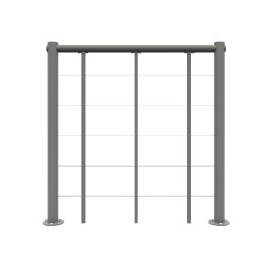 Gerades Brüstungsgeländer mit vertikalen Metallstäben und PVC-Handlauf in Grau mit horizontalen Edelstahl-Untergurten. Gezeigt wird eine Gesamtaufnahme des Brüstungsgeländers von vorne.