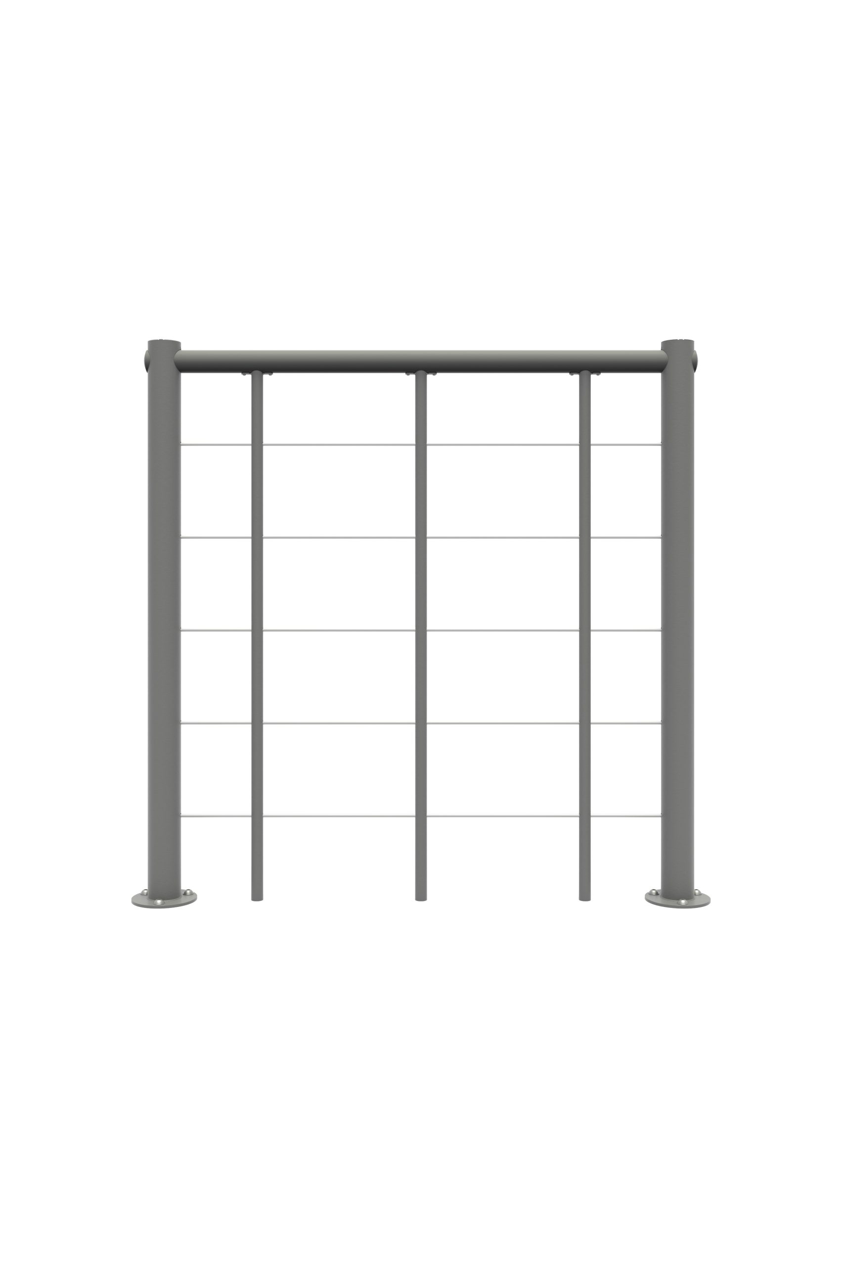 Gerades Brüstungsgeländer mit vertikalen Metallstäben und PVC-Handlauf in Grau mit horizontalen Edelstahl-Untergurten. Gezeigt wird eine Gesamtaufnahme des Brüstungsgeländers von vorne.