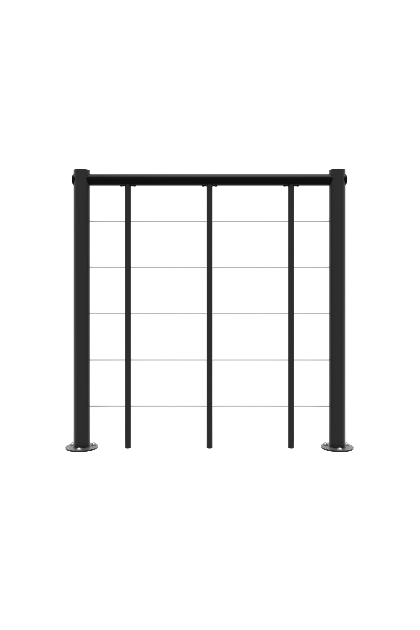 Gerades Brüstungsgeländer mit vertikalen Metallstäben und PVC-Handlauf in Schwarz mit horizontalen Edelstahl-Untergurten. Gezeigt wird eine Gesamtaufnahme des Brüstungsgeländers von vorne.